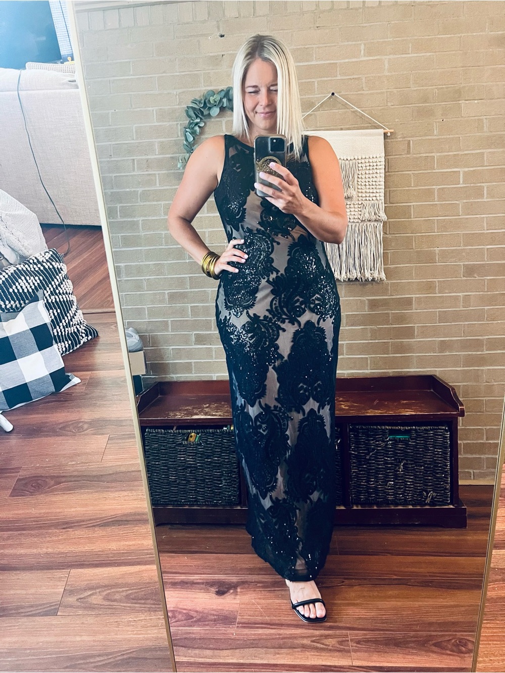 Black Sequin Embellished Maxi Dress with Nude Underlayer
